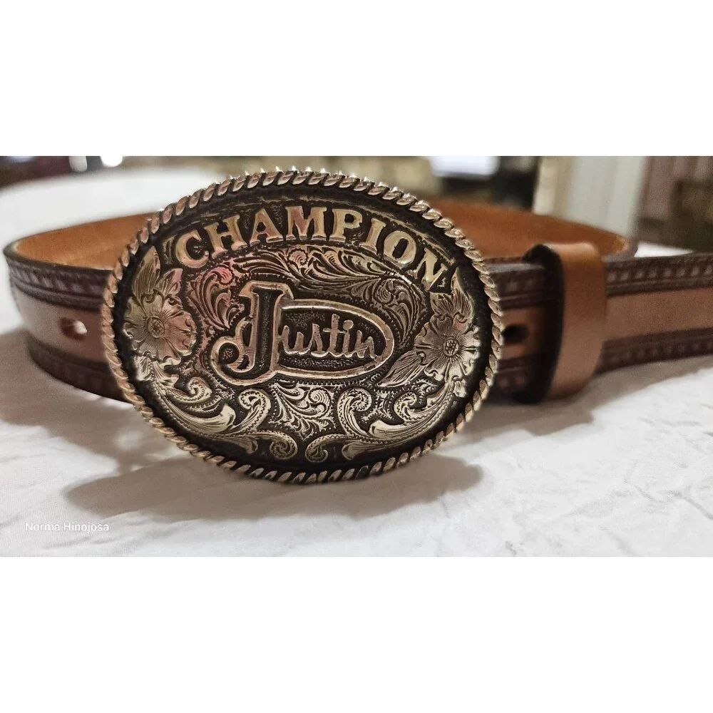 Vintage Justin Champion Western Leather Belt W/ Tooled Buckle & Woven Design 25